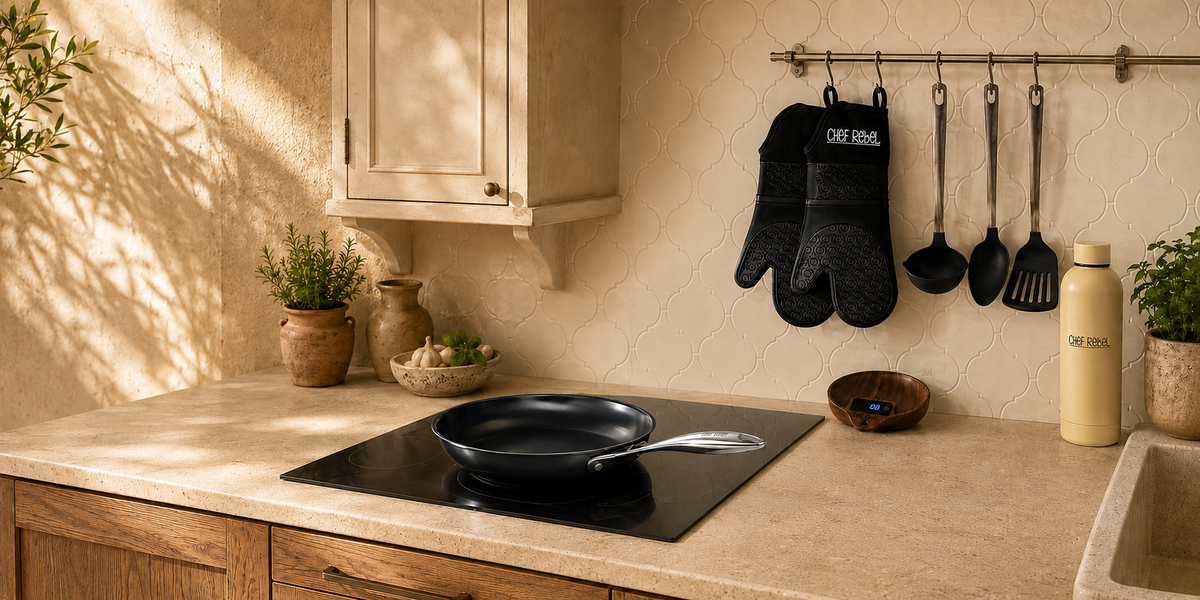 Warme mediterrane keuken met Chef Rebel koekenpan, thermosfles, ovenwanten en digitale keukenweegschaal