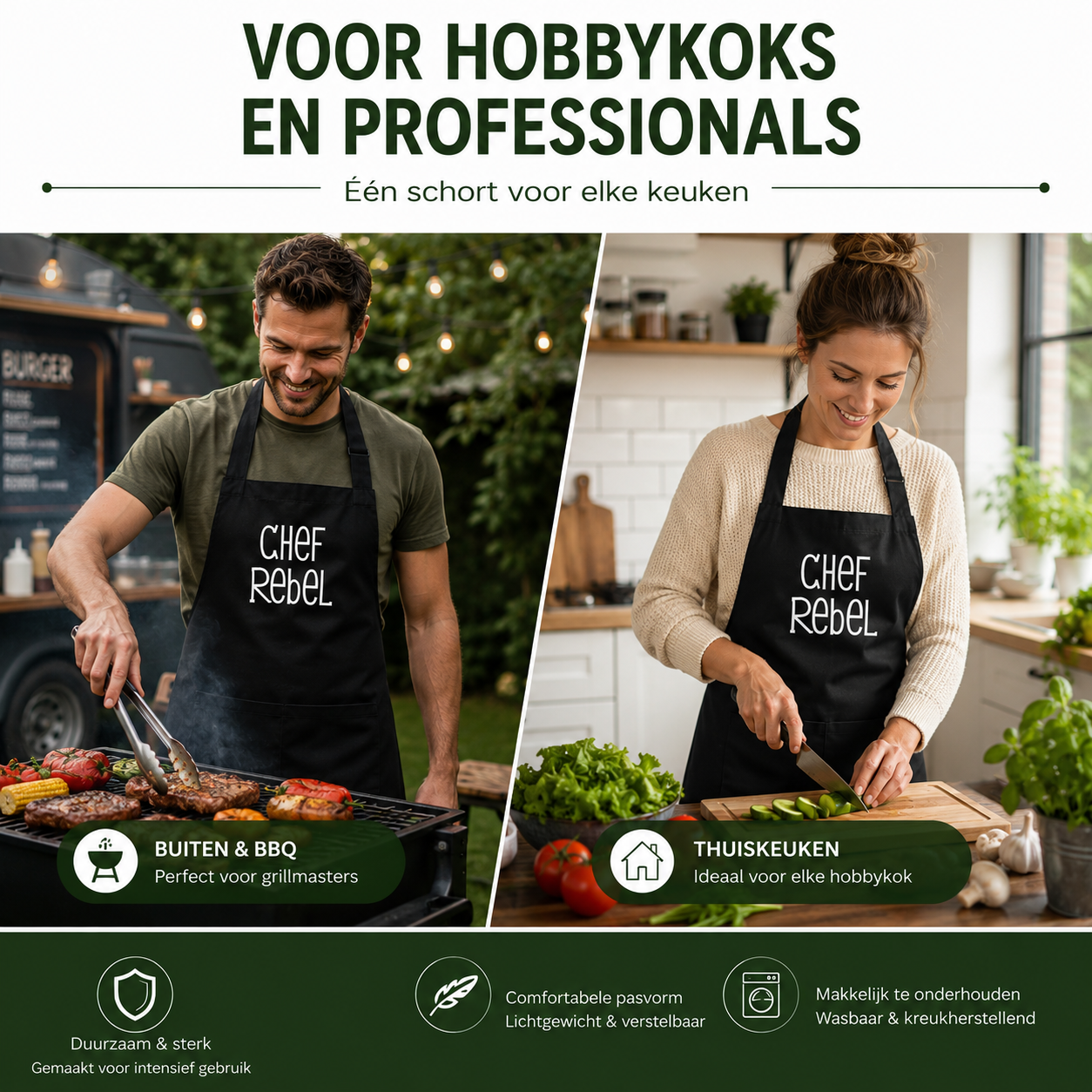 Chef Rebel Keukenschort met Logo - Zwart & Verstelbaar