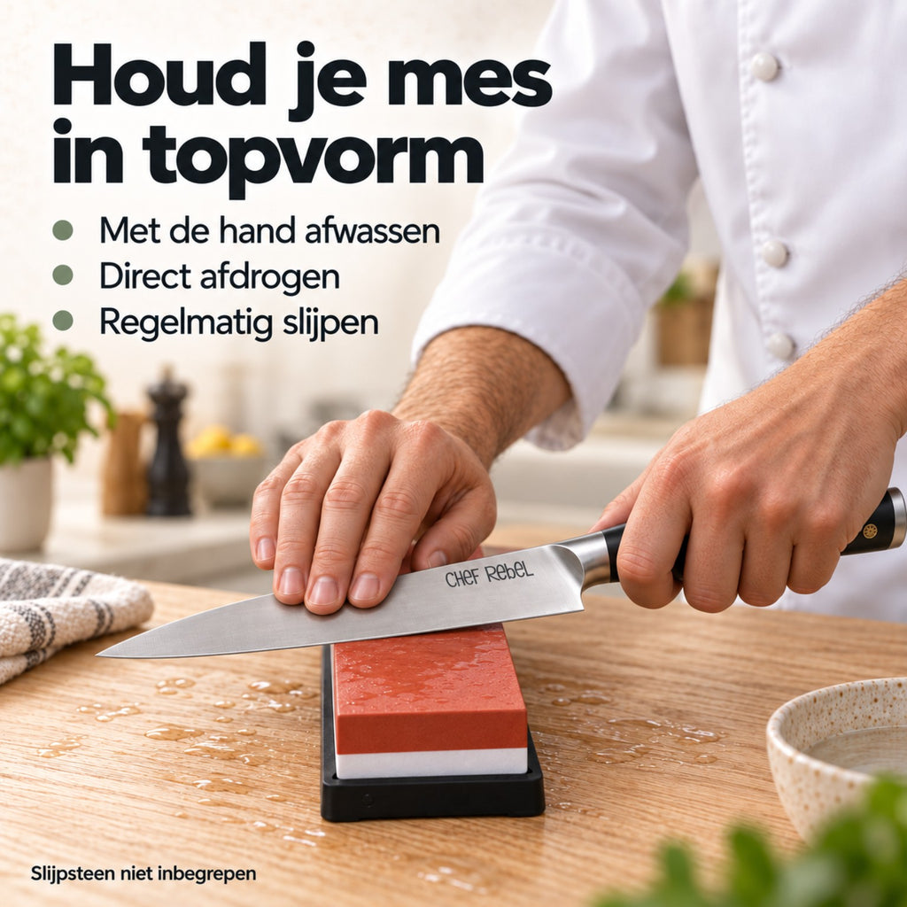 Handwas, direct afdrogen en regelmatig slijpen; slijpsteen niet inbegrepen