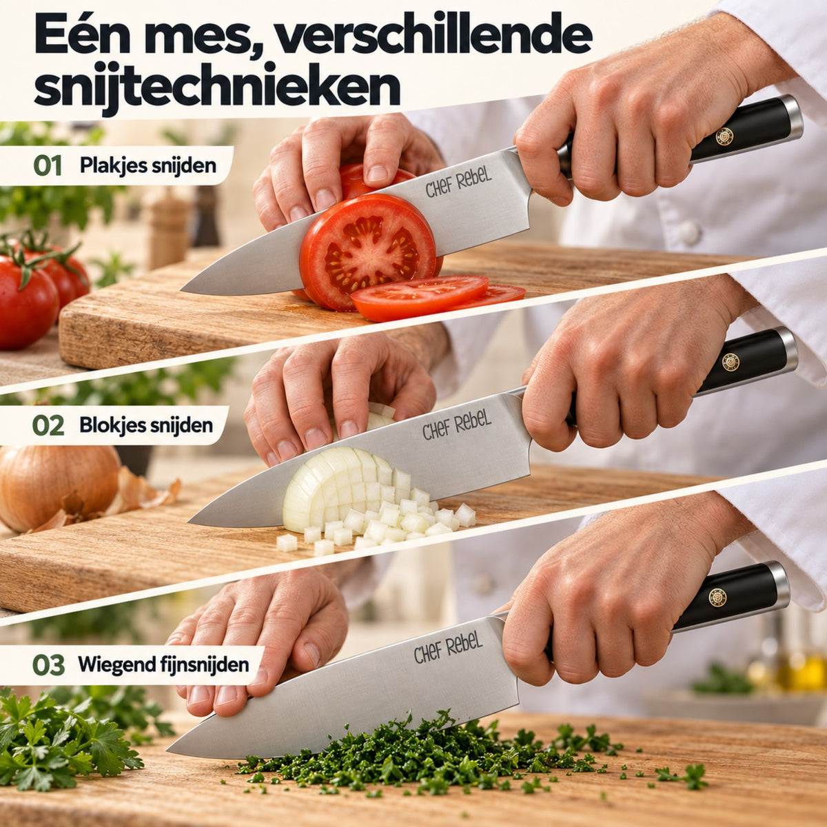 Plakjes snijden, blokjes snijden en wiegend fijnsnijden