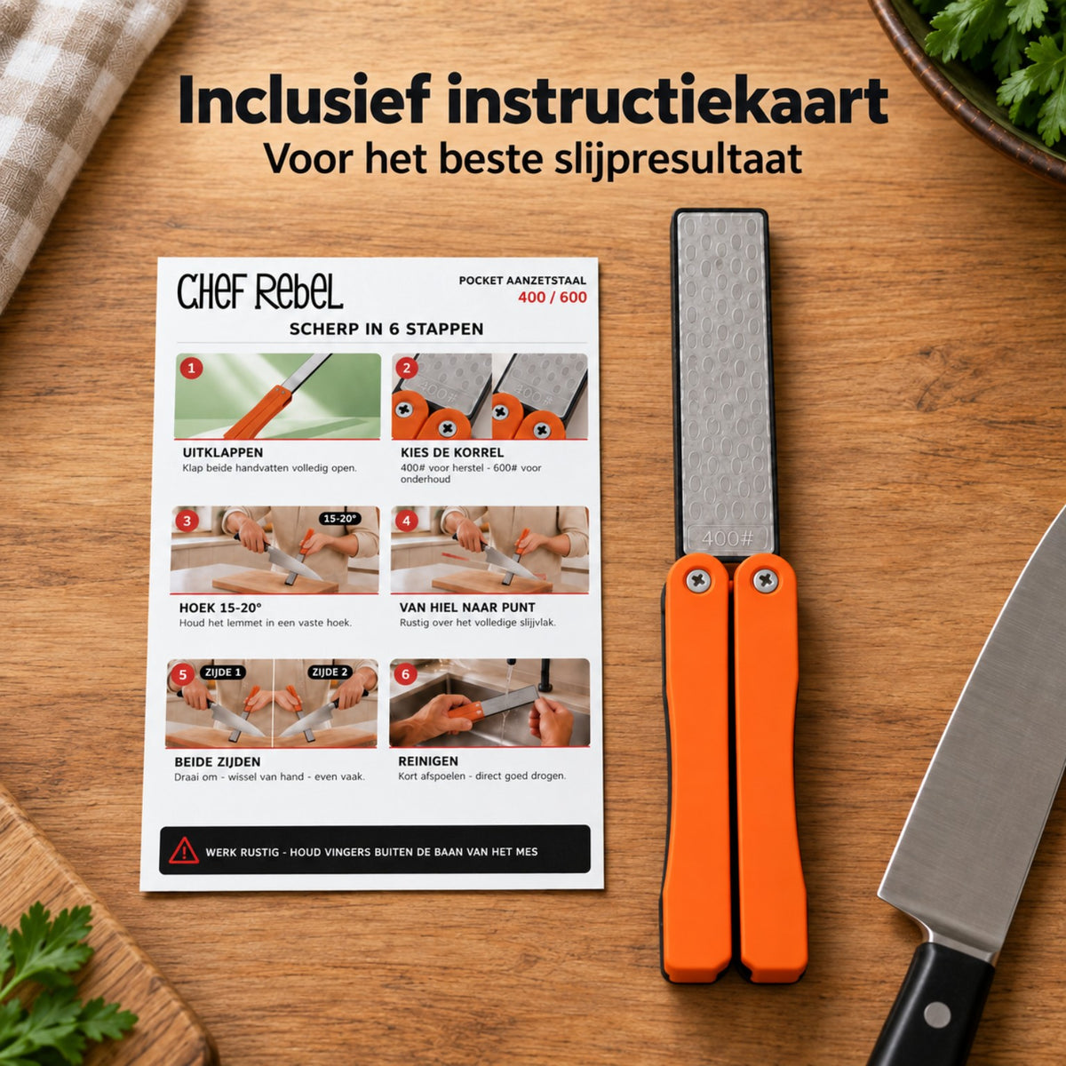 Oranje Chef Rebel pocket messenslijper met instructiekaart