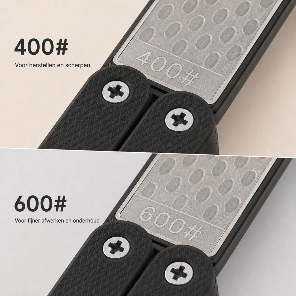 Detail van de 400 en 600 grit slijpvlakken van het zwarte Chef Rebel pocket aanzetstaal
