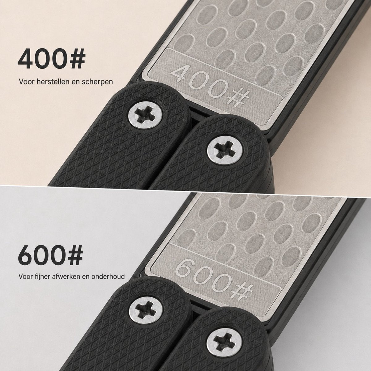 Detail van de 400 en 600 grit slijpvlakken van het zwarte Chef Rebel pocket aanzetstaal
