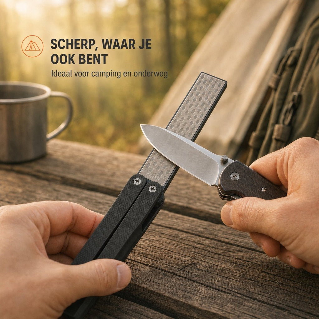 Zwart Chef Rebel pocket aanzetstaal in gebruik tijdens het kamperen