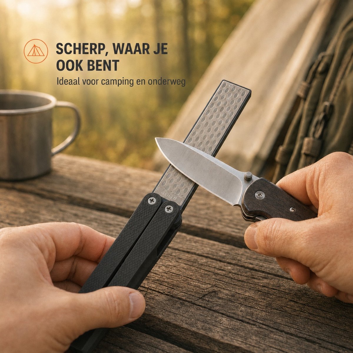 Zwart Chef Rebel pocket aanzetstaal in gebruik tijdens het kamperen