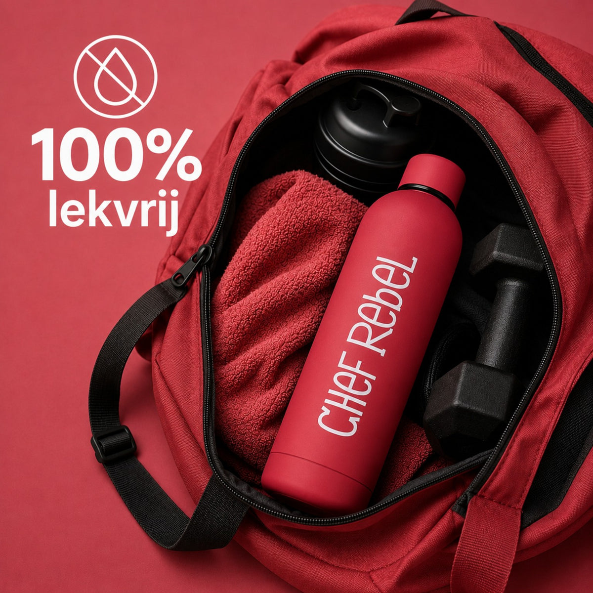 Chef Rebel thermosfles 500 ml rood 100 procent lekvrij in een sporttas