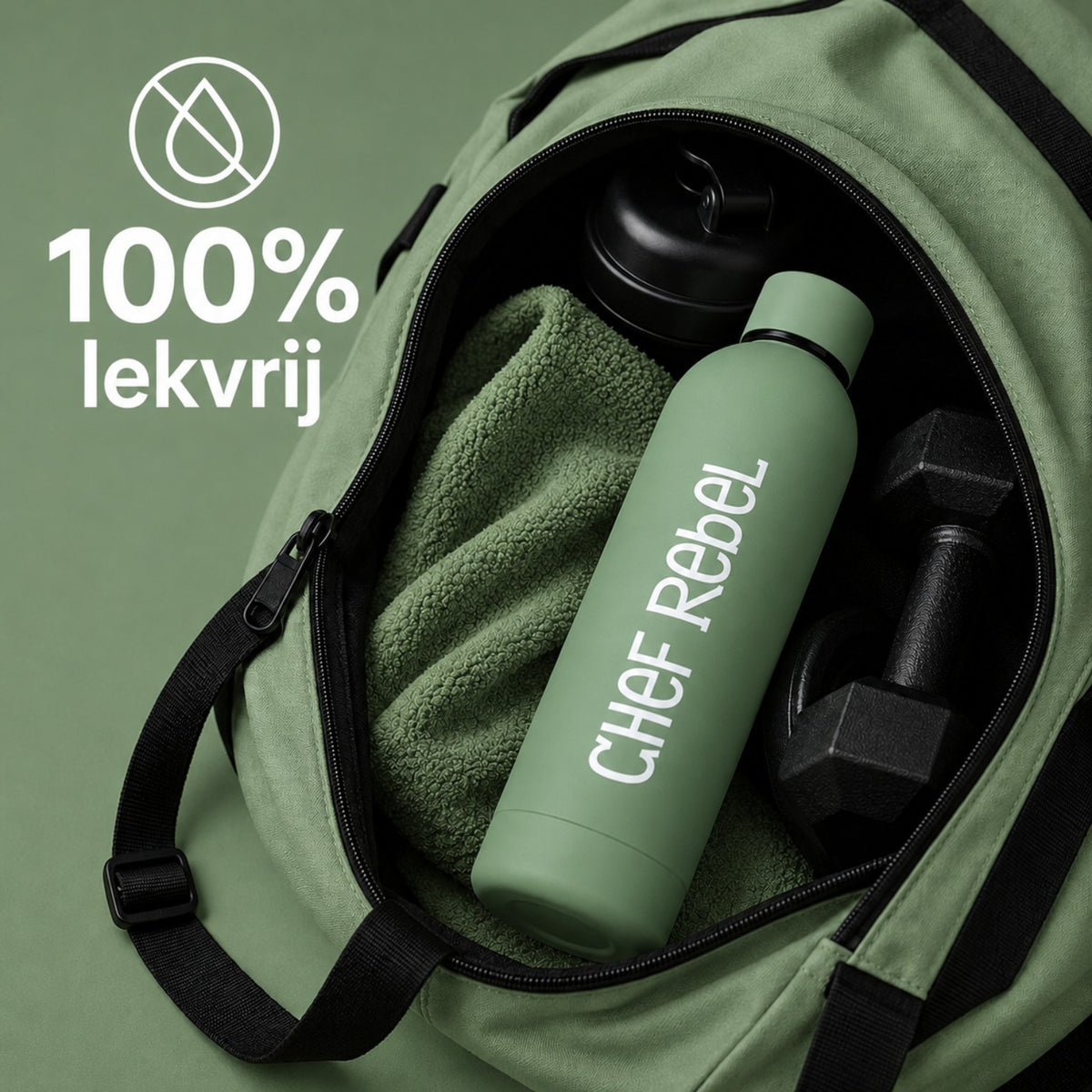 Chef Rebel thermosfles 500 ml saliegroen 100 procent lekvrij in een sporttas