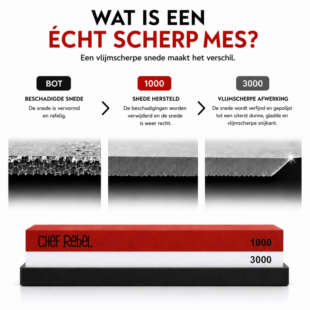 Uitleg over korrel 1000 en 3000 van de Chef Rebel whetstone
