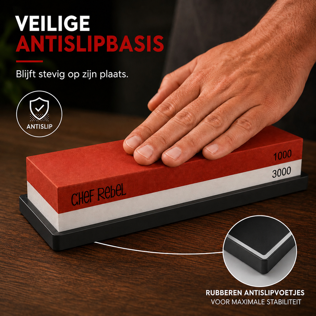 Chef Rebel slijpsteen met veilige rubberen antislipbasis