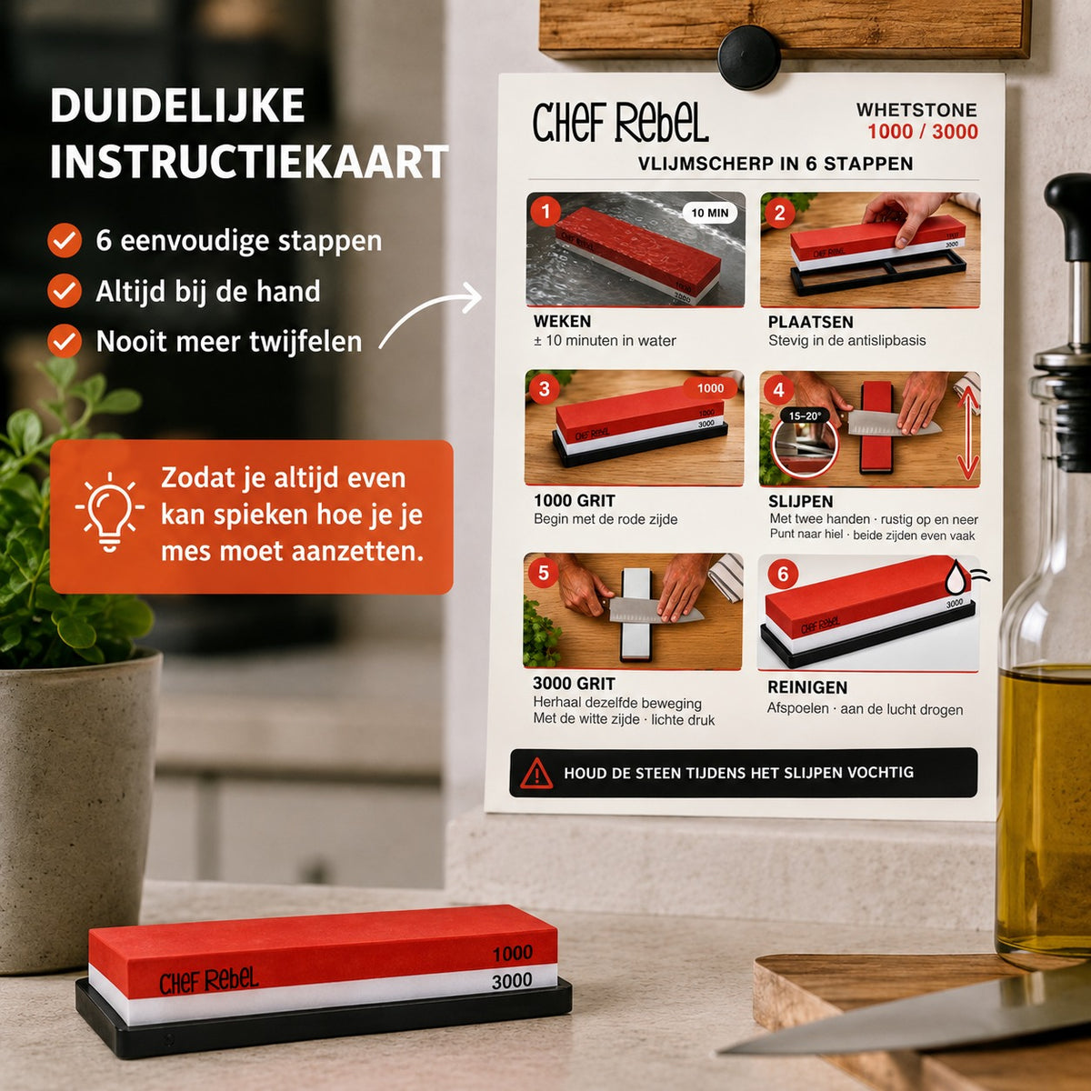 Meegeleverde Chef Rebel instructiekaart met zes stappen